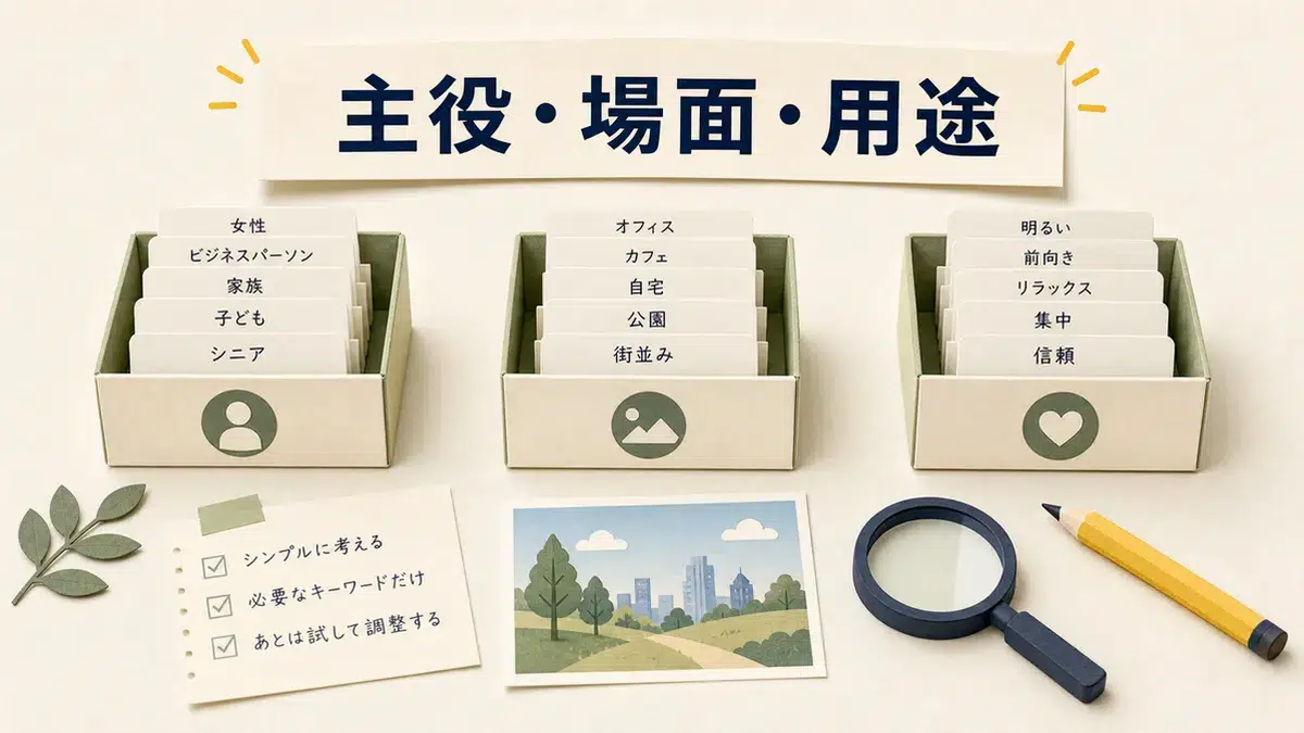ストックフォトのキーワードを主役・場面・用途で整理する画像