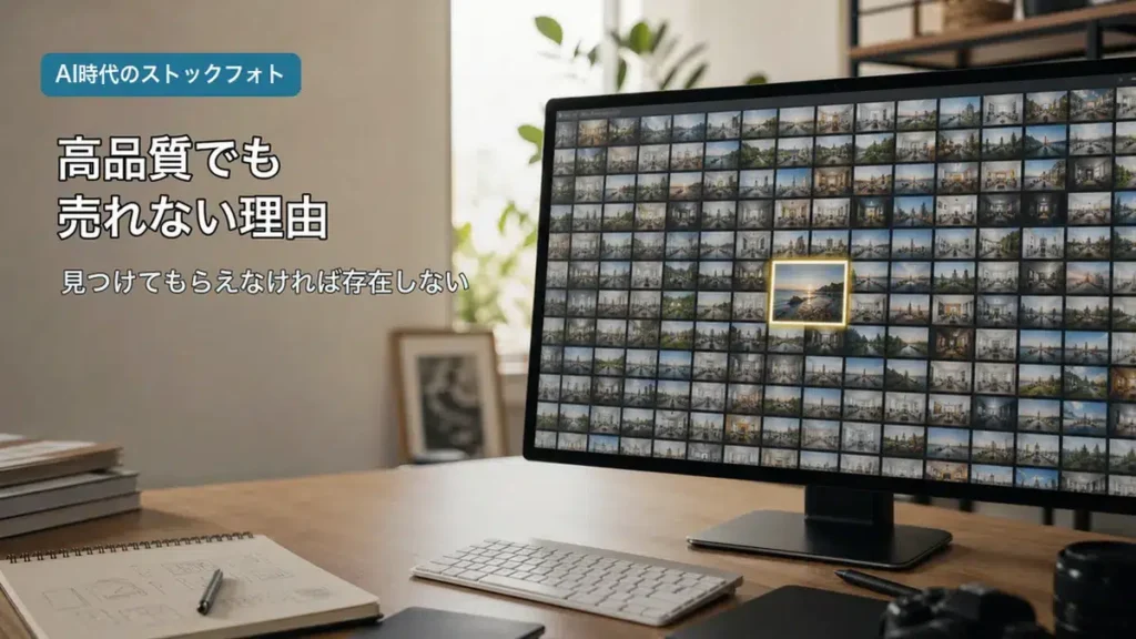 高品質なストックフォト画像が大量の検索結果に埋もれる画面