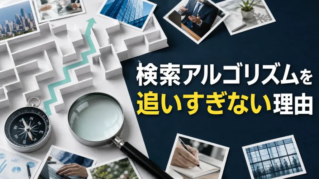 ストックフォトの検索アルゴリズムを追いすぎない理由を表す迷路と虫眼鏡のアイキャッチ画像