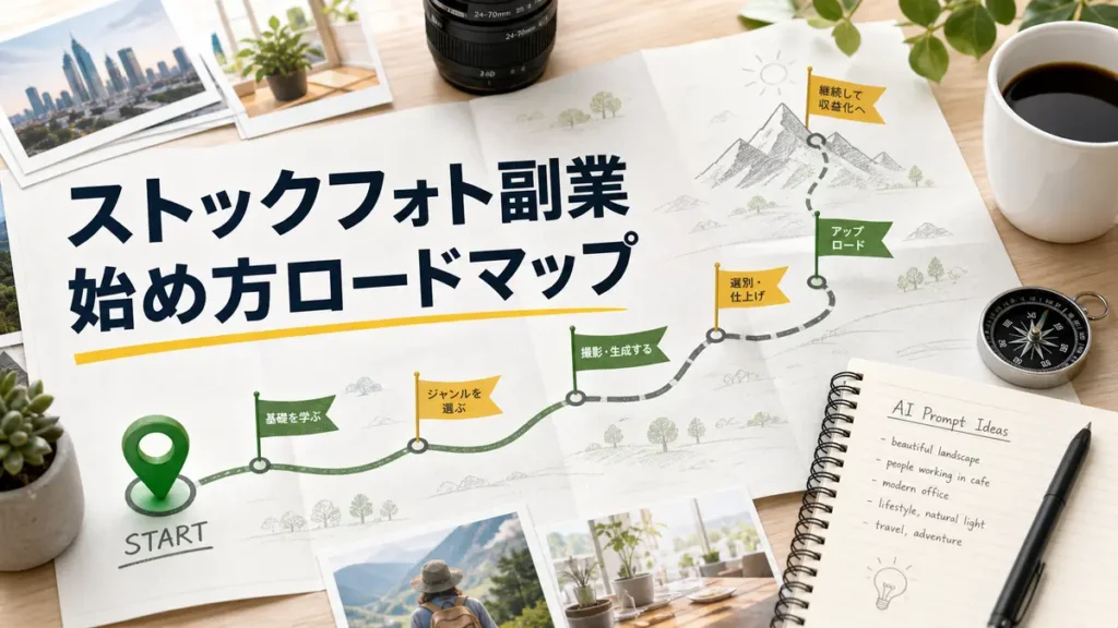 ストックフォト副業の始め方ロードマップを表す地図と写真カードのアイキャッチ画像