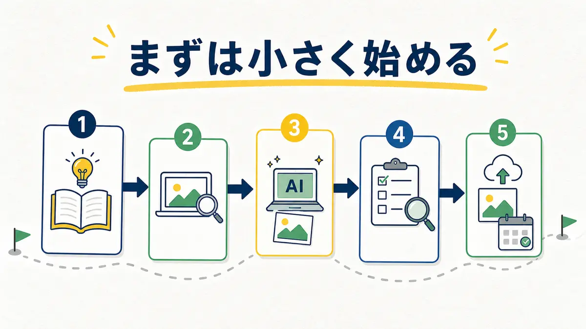 AI時代にストックフォト副業を小さく始めるための5ステップを表す図解