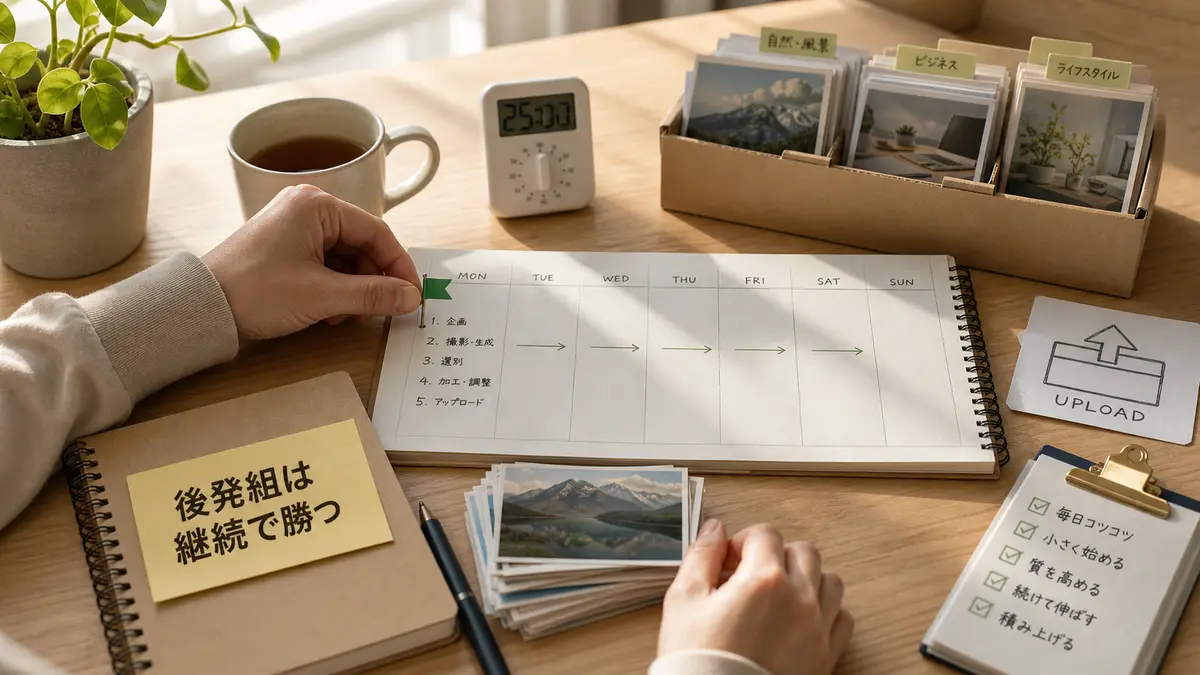 後発組がストックフォト副業で継続して投稿するための作業習慣を表す画像