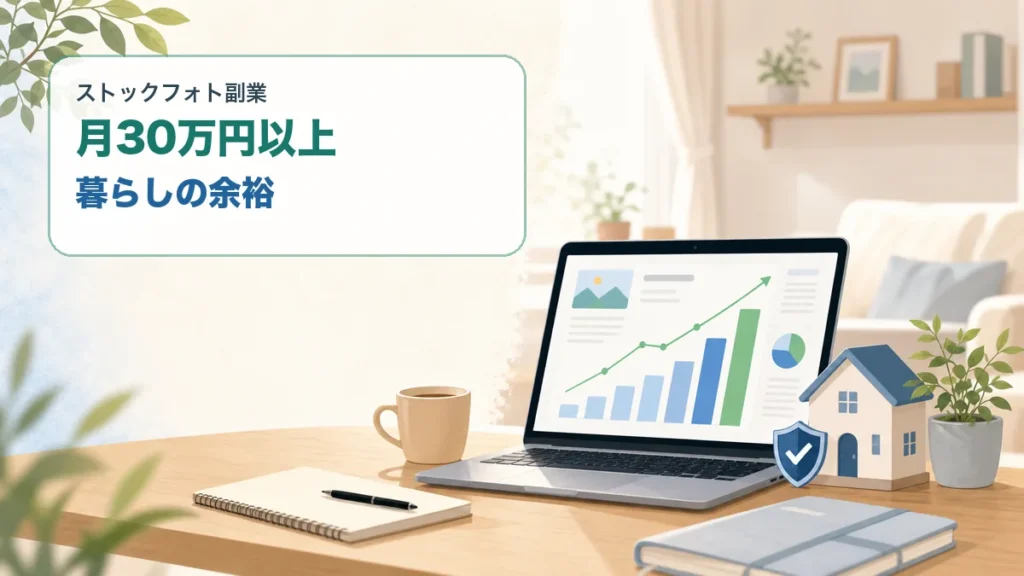 ストックフォト副業で月30万円以上の収入ができて暮らしに余裕が生まれるイメージ