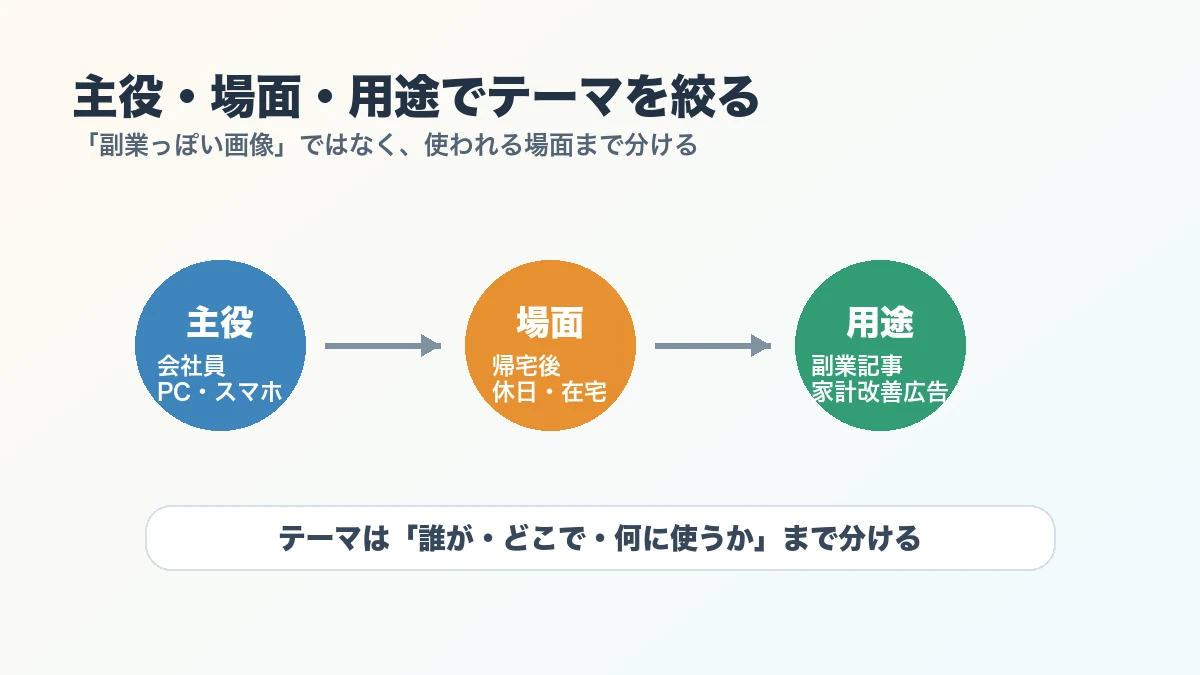 主役・場面・用途でストックフォトテーマを絞る図