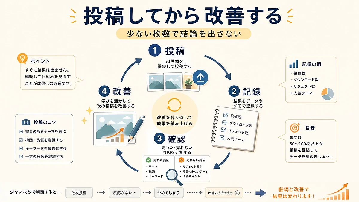 少ない枚数で判断せず投稿と改善を続ける流れを示す図解