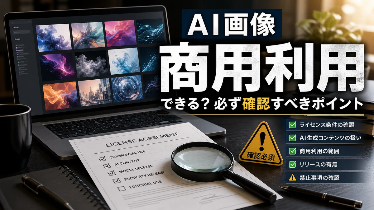 Adobe StockのAI画像を商用利用できるか確認するライセンス書類と画像サムネイル