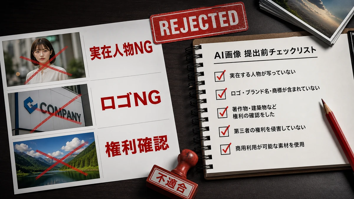 AI画像の商用利用で実在人物やロゴや権利確認のNG例を見るチェックリスト