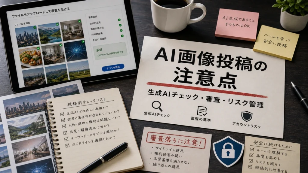 Adobe StockでAI画像を投稿するときの注意点を確認する作業デスクのアイキャッチ