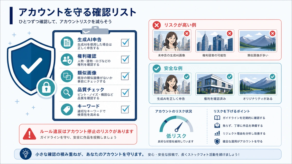 Adobe Stockのアカウントリスクを避けるための注意点チェックリスト