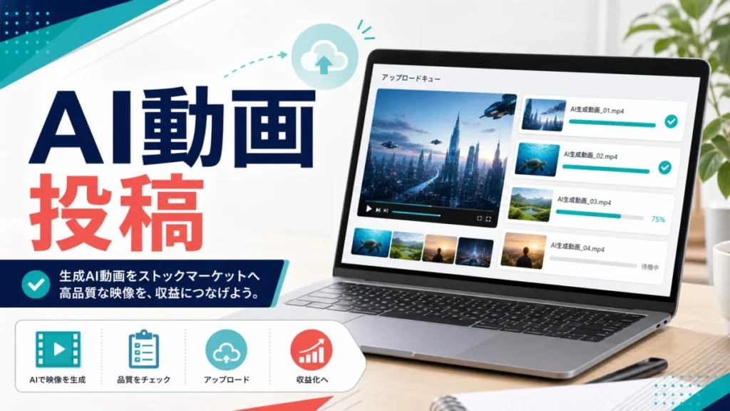Adobe Stockへ生成AI動画を投稿する前にアップロード画面と動画素材を確認するアイキャッチ