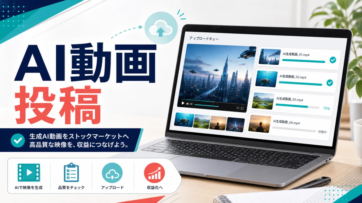Adobe Stockへ生成AI動画を投稿する前にアップロード画面と動画素材を確認するアイキャッチ