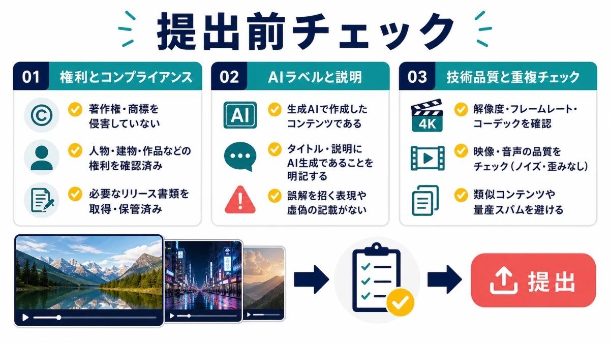 生成AI動画を提出する前に権利とAIラベルと技術品質を確認するチェック図
