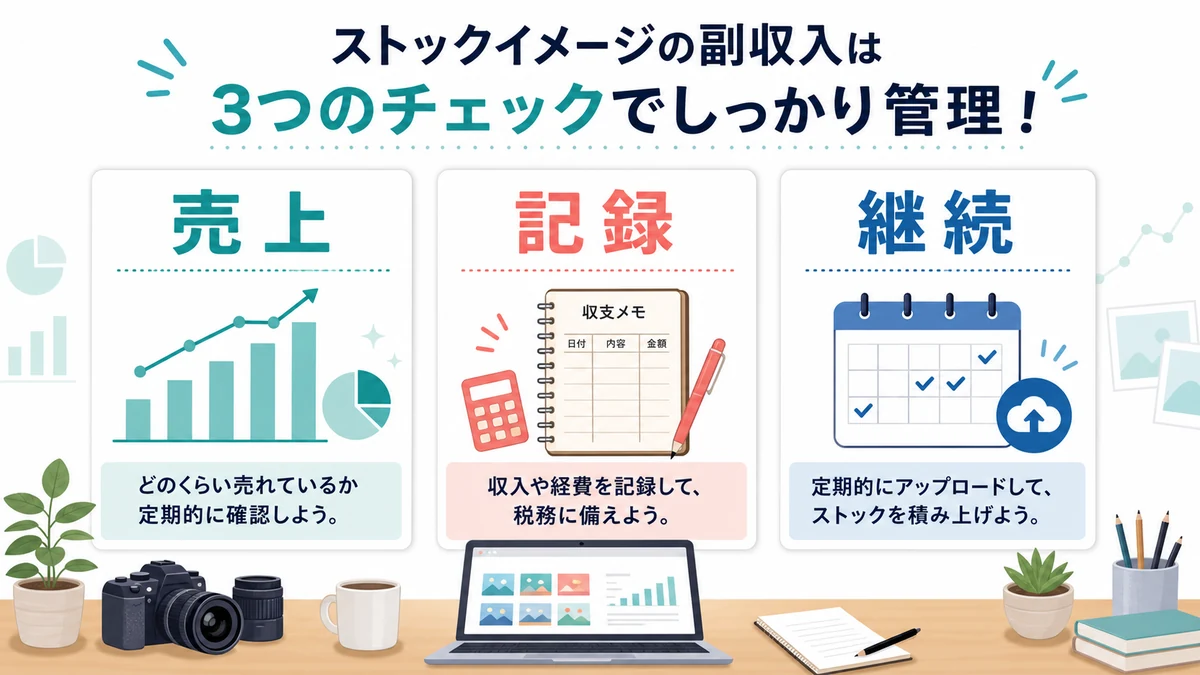 ストックフォト副収入で売上、記録、継続を確認する図解