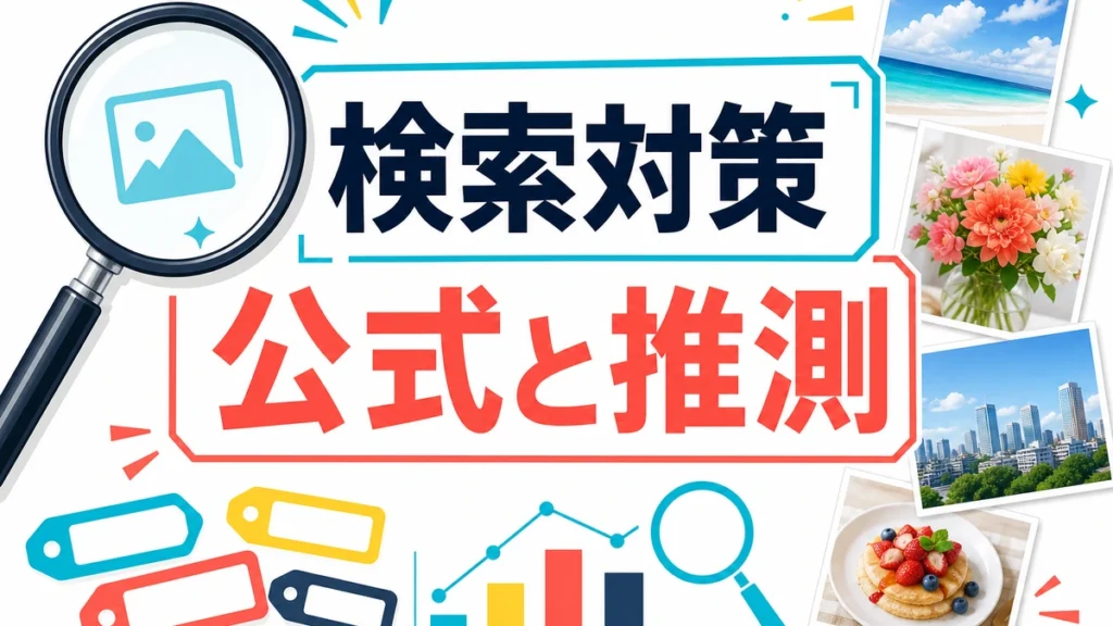 Adobe StockとPIXTAの検索対策で公式情報と推測を分けることを示すアイキャッチ