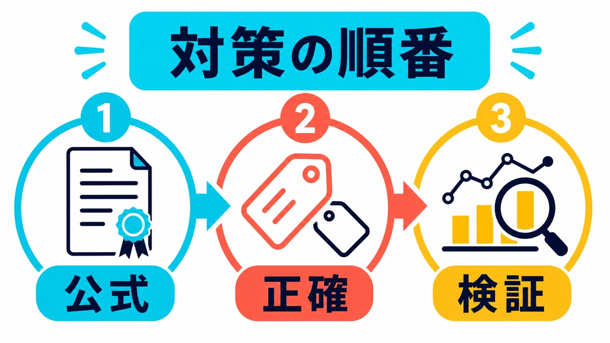 公式ルールと正確なメタデータと投稿後の検証を優先する検索対策の図