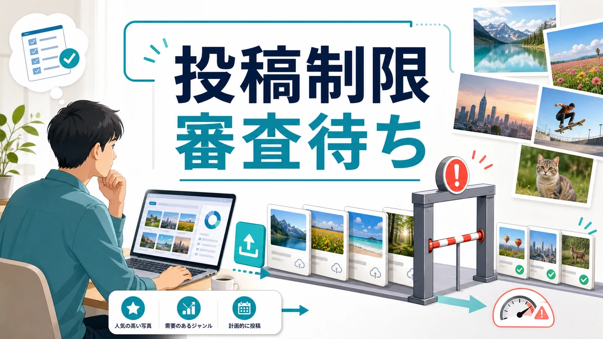 Adobe Stockの提出制限と審査待ち上限で投稿が止まる場面を示す図解