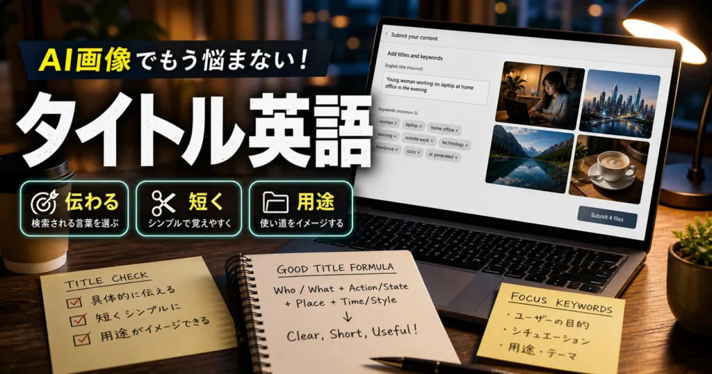 Adobe StockのAI画像投稿で英語タイトルを考えるクリエイターの作業机
