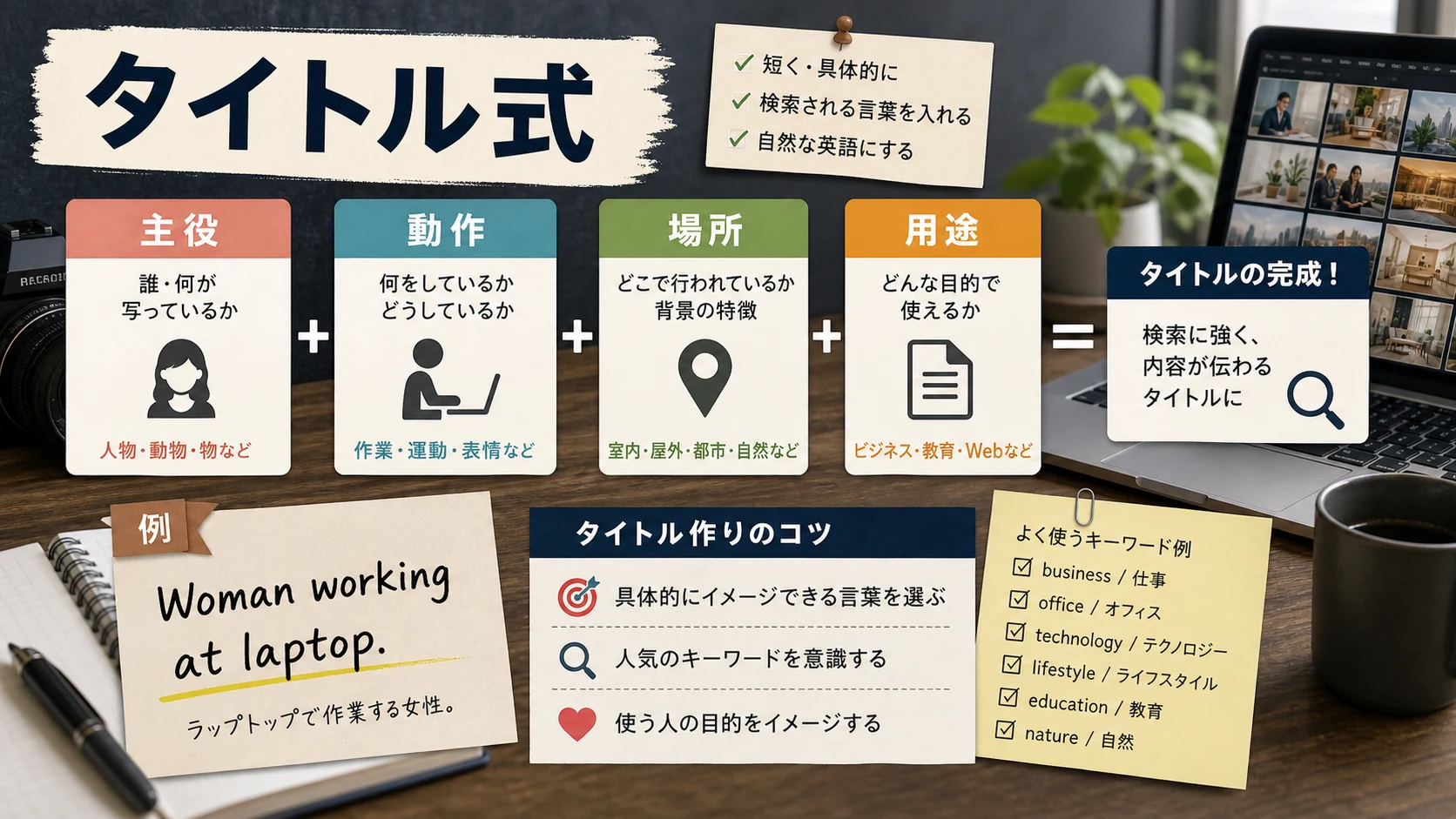 Adobe Stockの英語タイトルを主役と動作と場所と用途に分けて作る公式