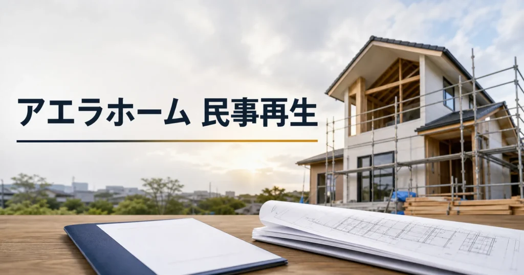 建築中の注文住宅と契約書を背景にアエラホームの民事再生を伝えるイメージ
