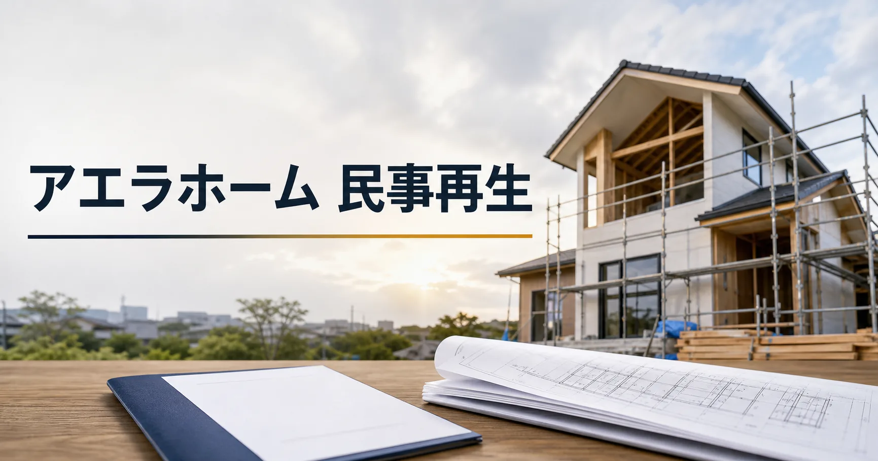 建築中の注文住宅と契約書を背景にアエラホームの民事再生を伝えるイメージ