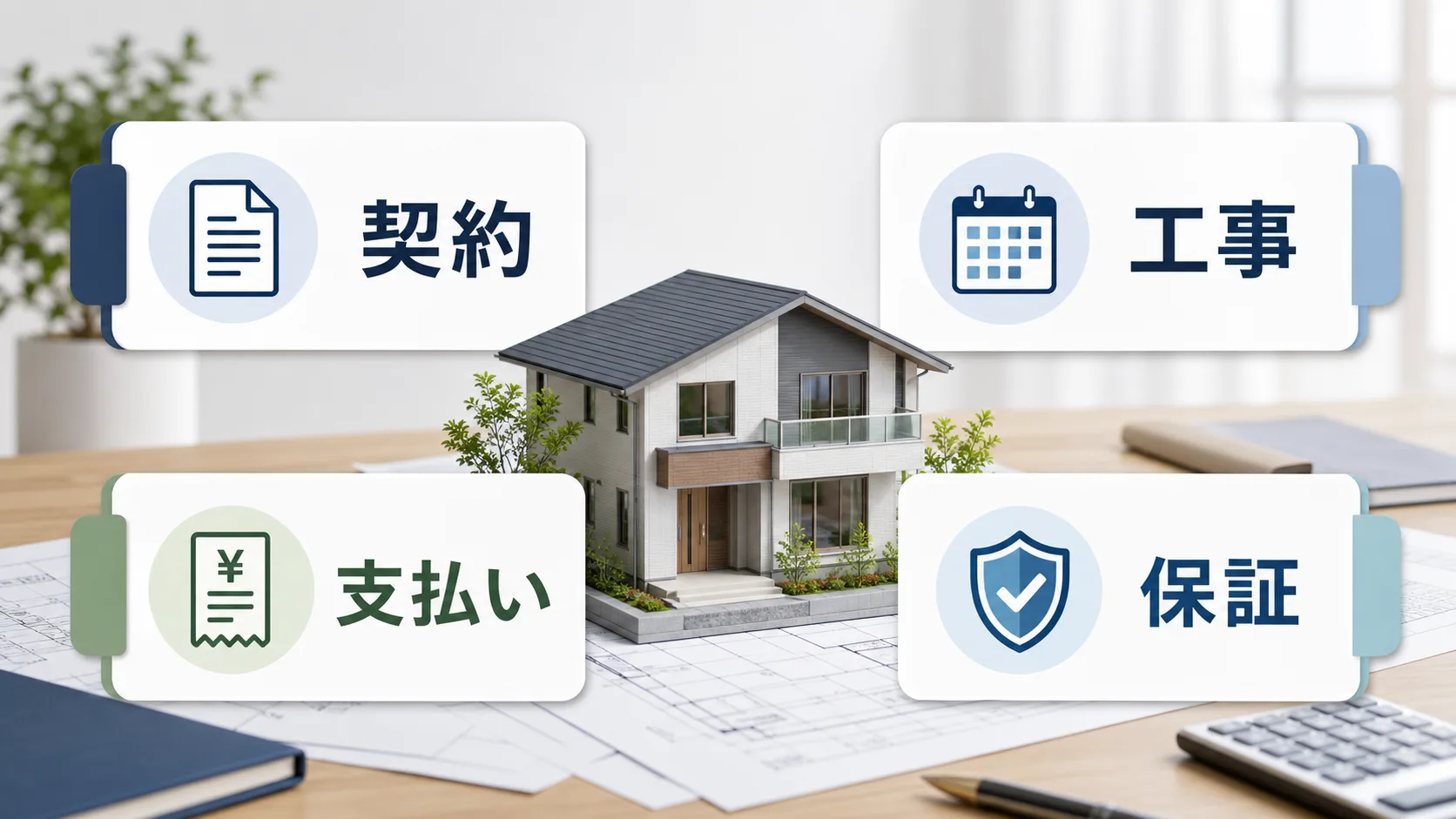 契約、工事、支払い、保証の確認項目を整理した家づくりの図解