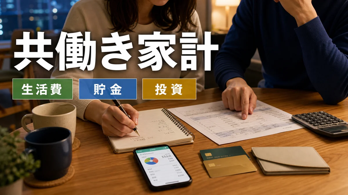 共働き夫婦が生活費と貯金と投資を分けて家計管理するイメージ
