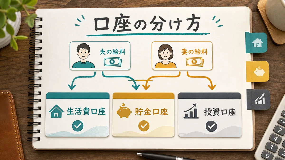 共働き家計で生活費口座と貯金口座と投資口座を分ける図解