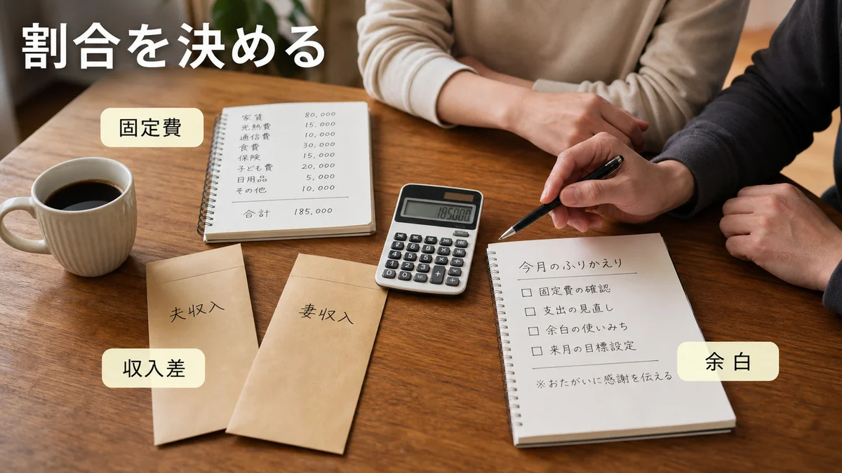 共働き家計で固定費と収入差と余白を見ながら生活費割合を決める様子