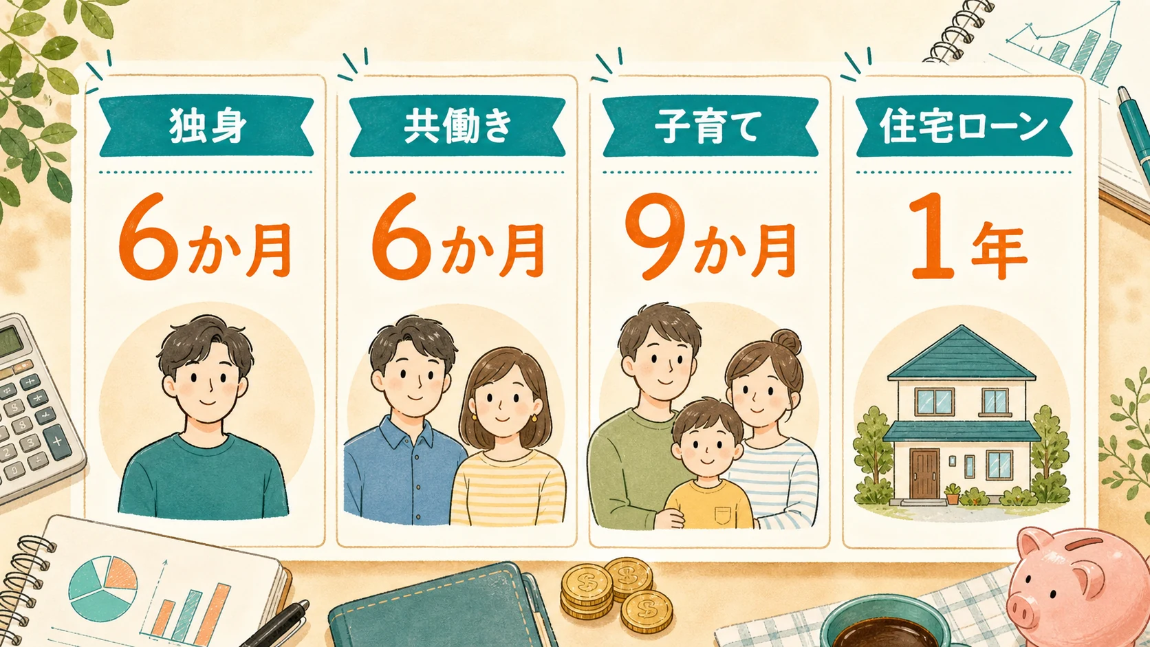 家族構成別の生活防衛資金の目安を示す図解