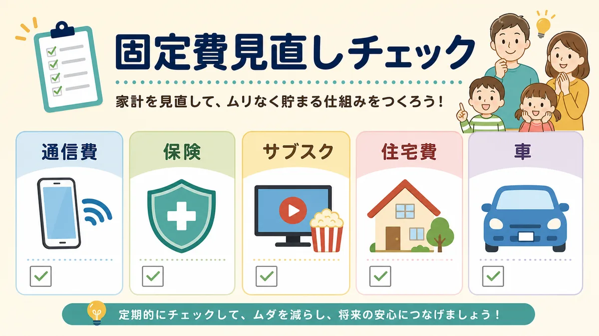 固定費を通信費・保険・サブスク・住宅費・車で整理した図解