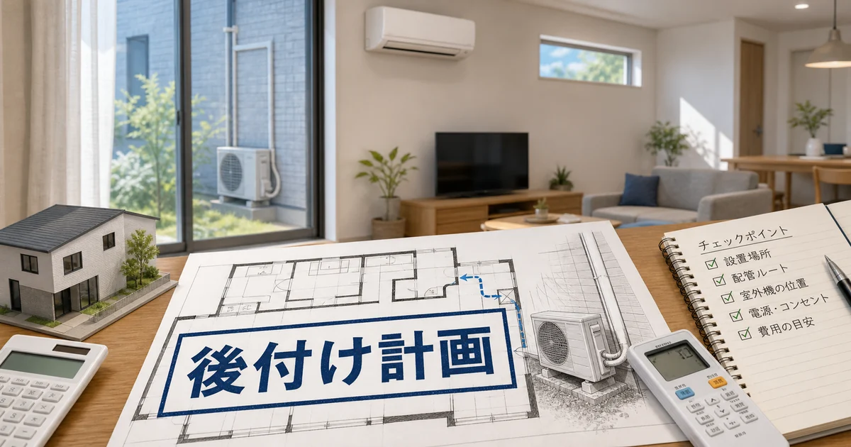 一条工務店の間取り図でエアコン後付け位置と配管を確認するアイキャッチ