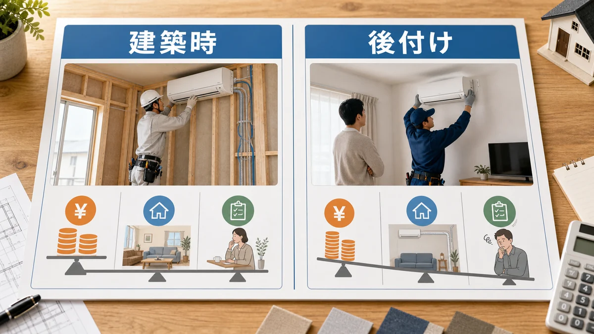 エアコンを提携設置と後付けにした場合の違いを比較する図解