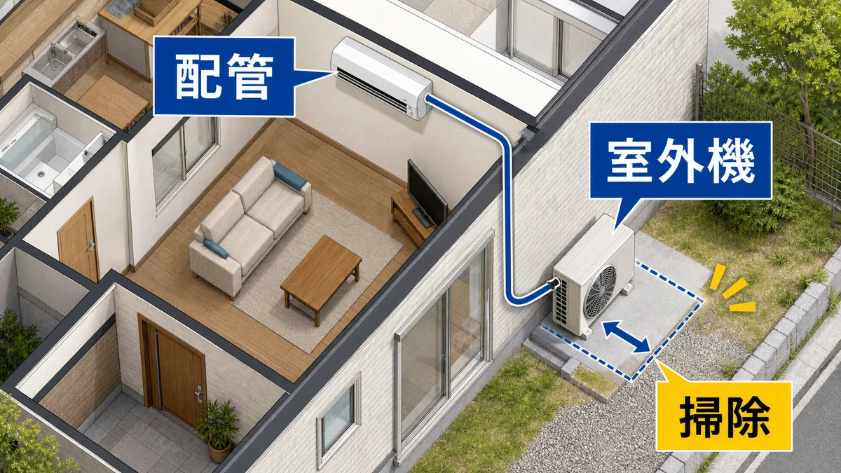 室内機と室外機と隠蔽配管の確認ポイントを示す間取り図解