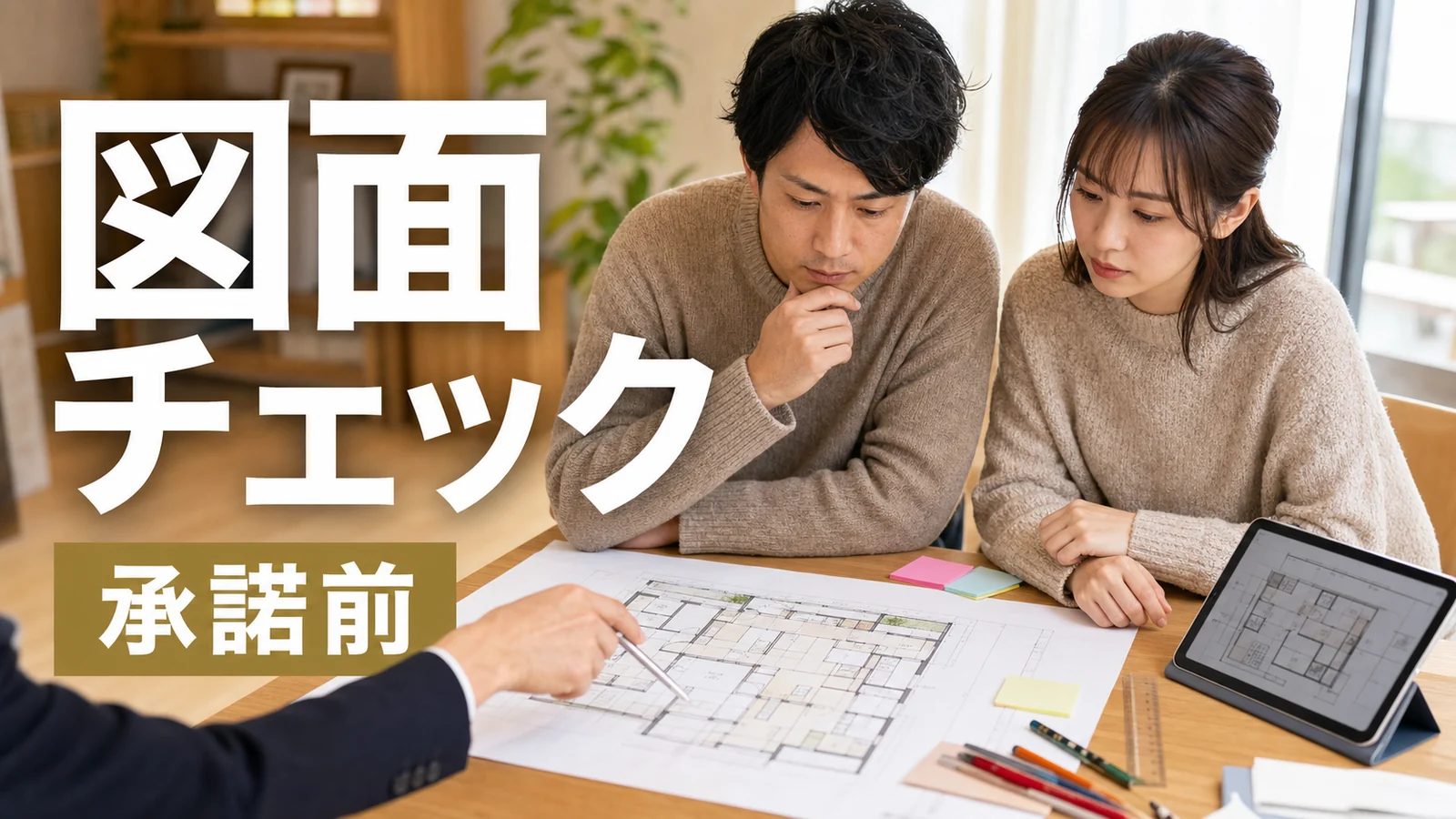 一条工務店の図面チェックを家族で確認する打ち合わせ机のイメージ