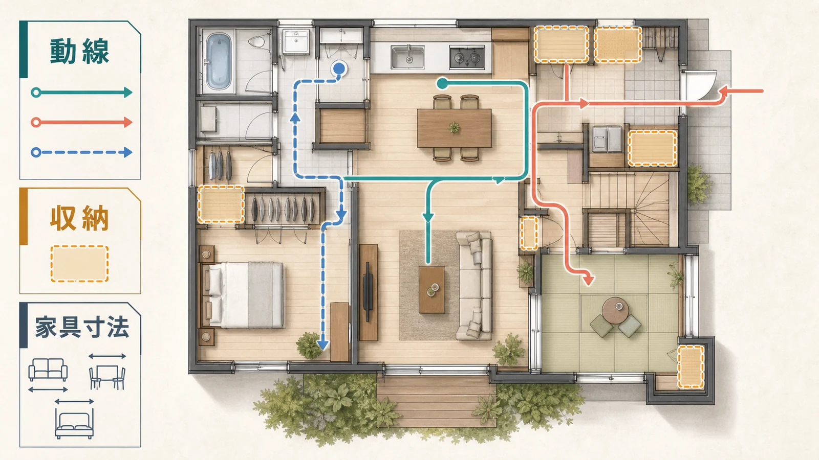 一条工務店の図面で動線と収納と家具寸法をチェックする俯瞰図