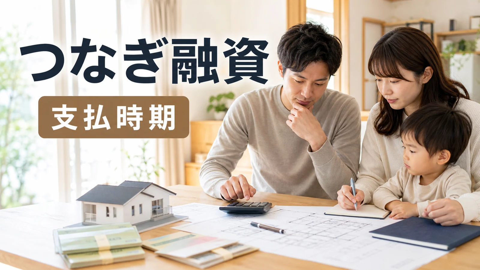 一条工務店のつなぎ融資を住宅ローン前の資金計画として確認する家族と資料