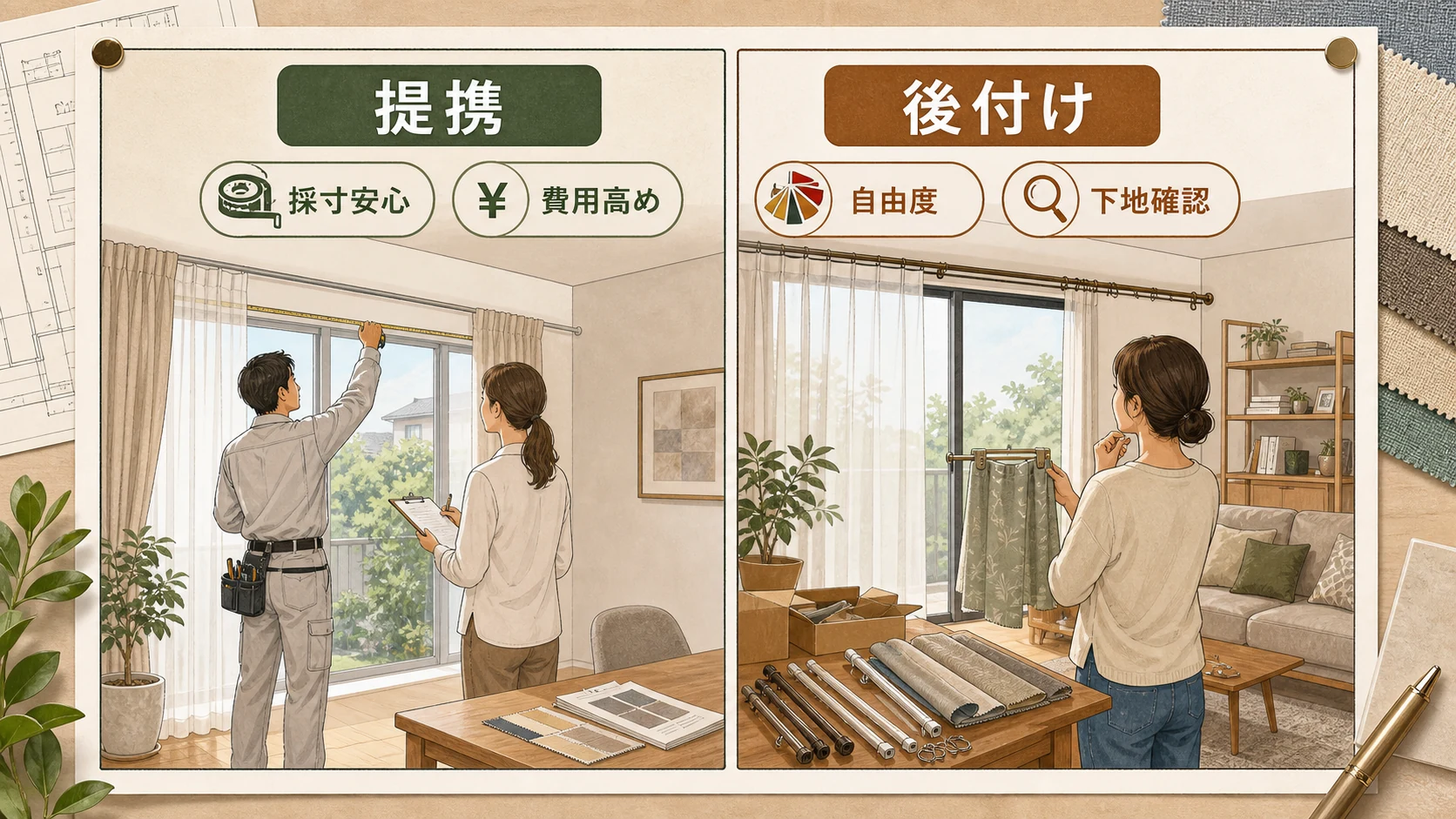 提携カーテンと後付けカーテンレールの違いを比較する図解