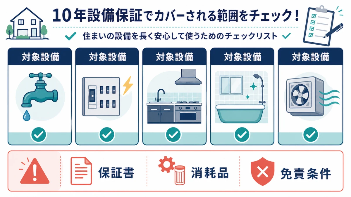 保証書と対象設備と消耗品と免責条件を確認するチェック図