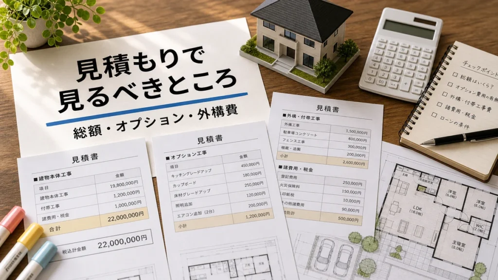 一条工務店の見積もりを確認するための書類と電卓