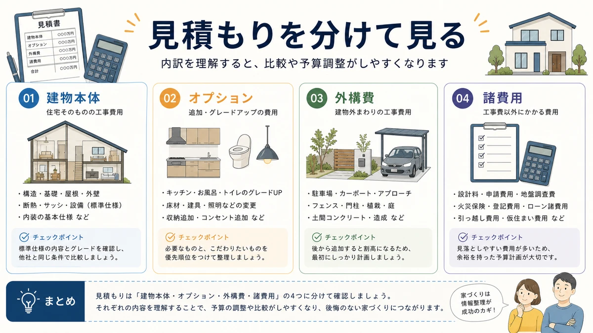 見積もりを建物・オプション・外構・諸費用に分ける図解