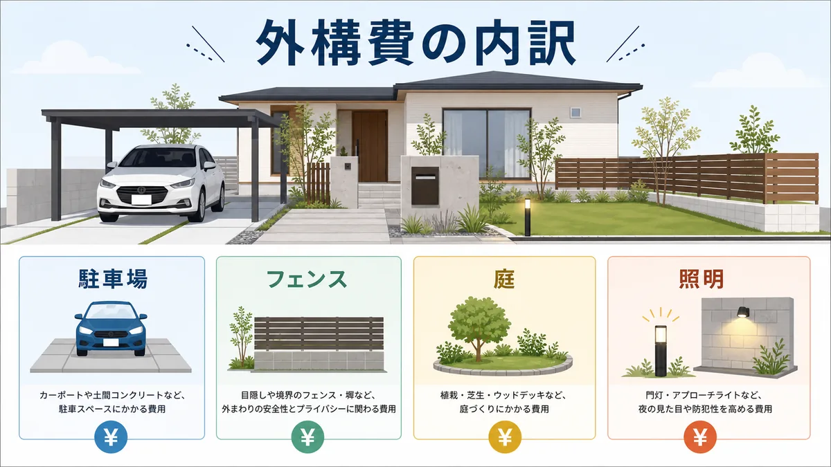 外構費を駐車場・フェンス・庭・照明で整理した図解
