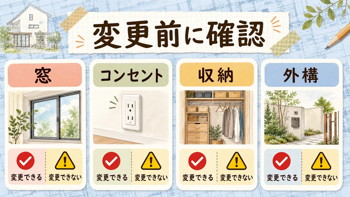 着手承諾後に窓コンセント収納外構の変更可否を確認する図解