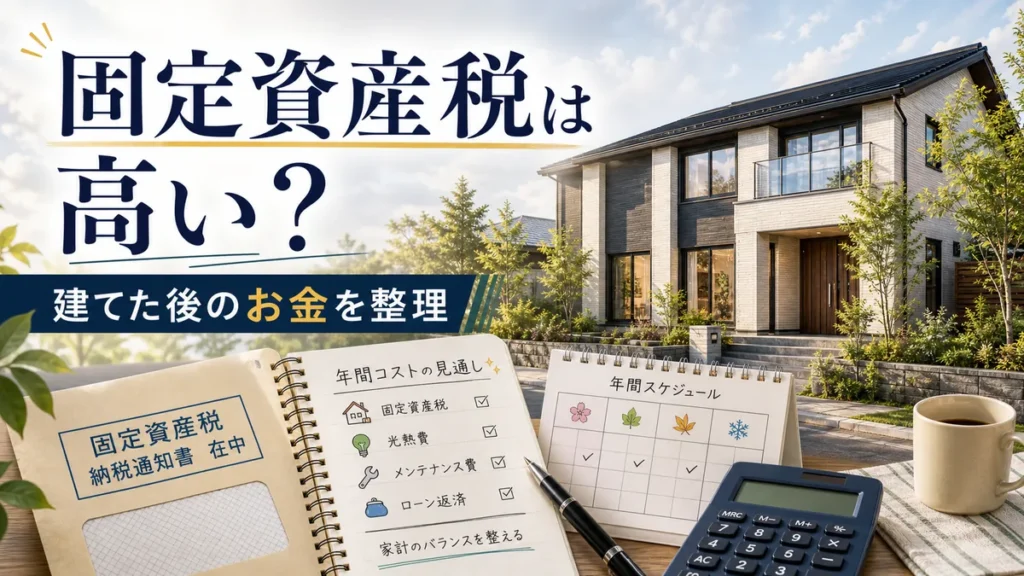 一条工務店の固定資産税と建てた後のお金を考える住宅模型と書類