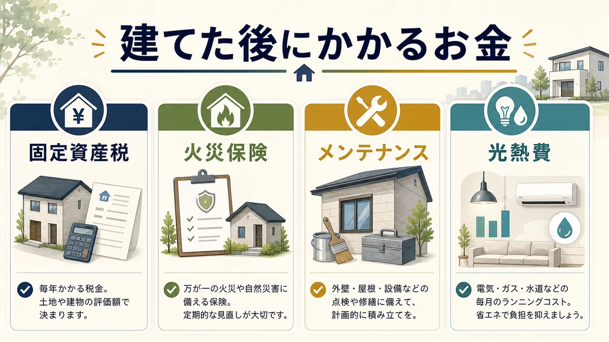 家を建てた後にかかる固定資産税・火災保険・メンテナンス・光熱費を整理した図解