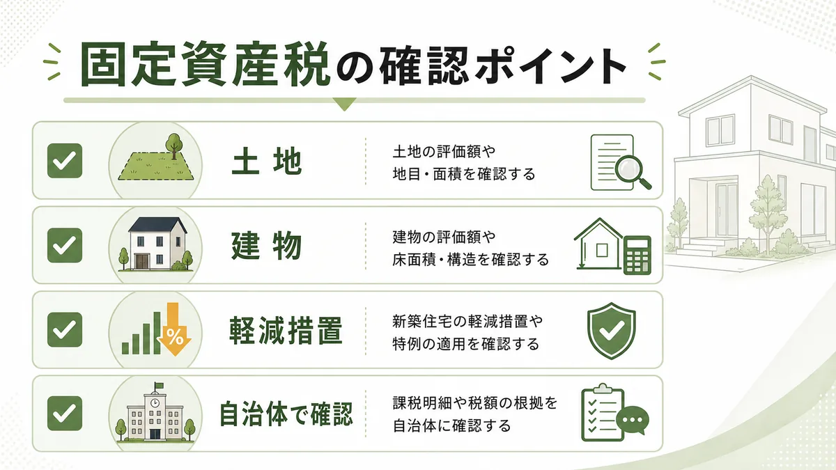 固定資産税の確認ポイントを土地・建物・軽減措置・自治体で整理した図解