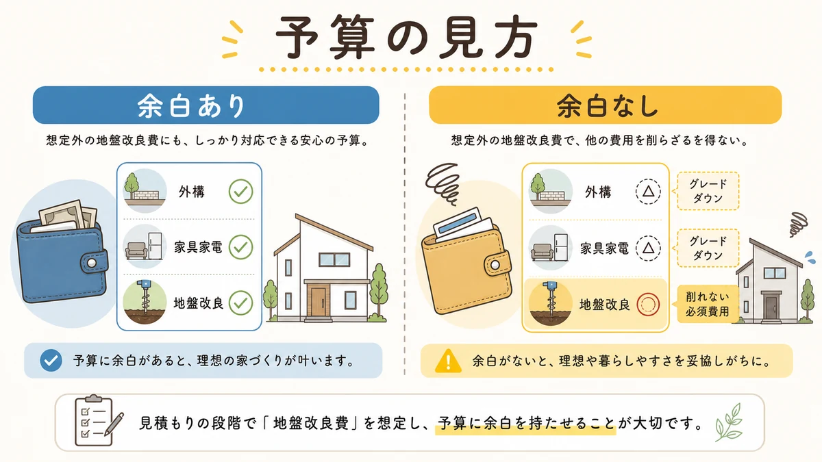 外構と家具家電と地盤改良を予算に入れる場合と余白がない場合の比較