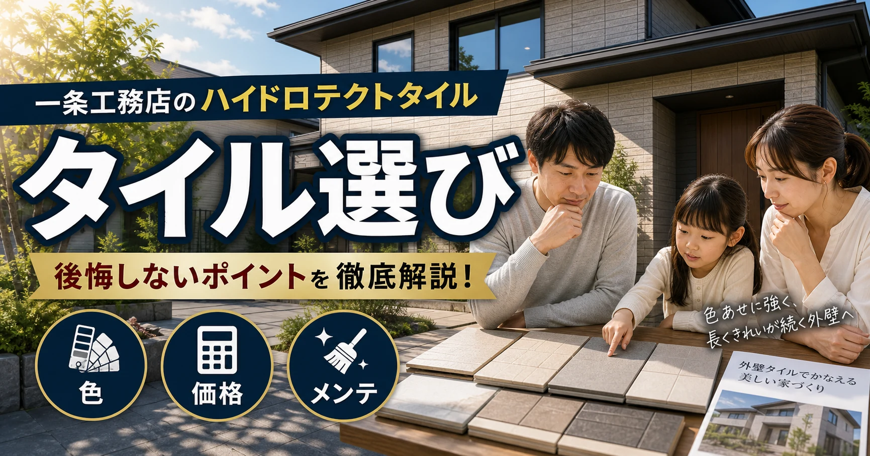 一条工務店のハイドロテクトタイルを色と価格とメンテナンスで比較する家族のイメージ
