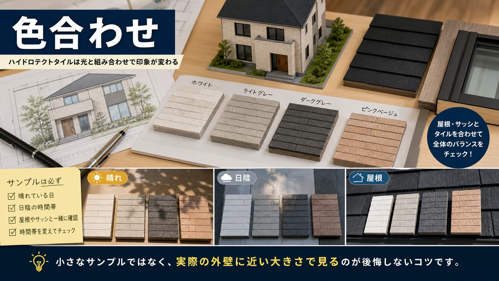 ハイドロテクトタイルの色を晴れと日陰と屋根色で見比べる外観計画