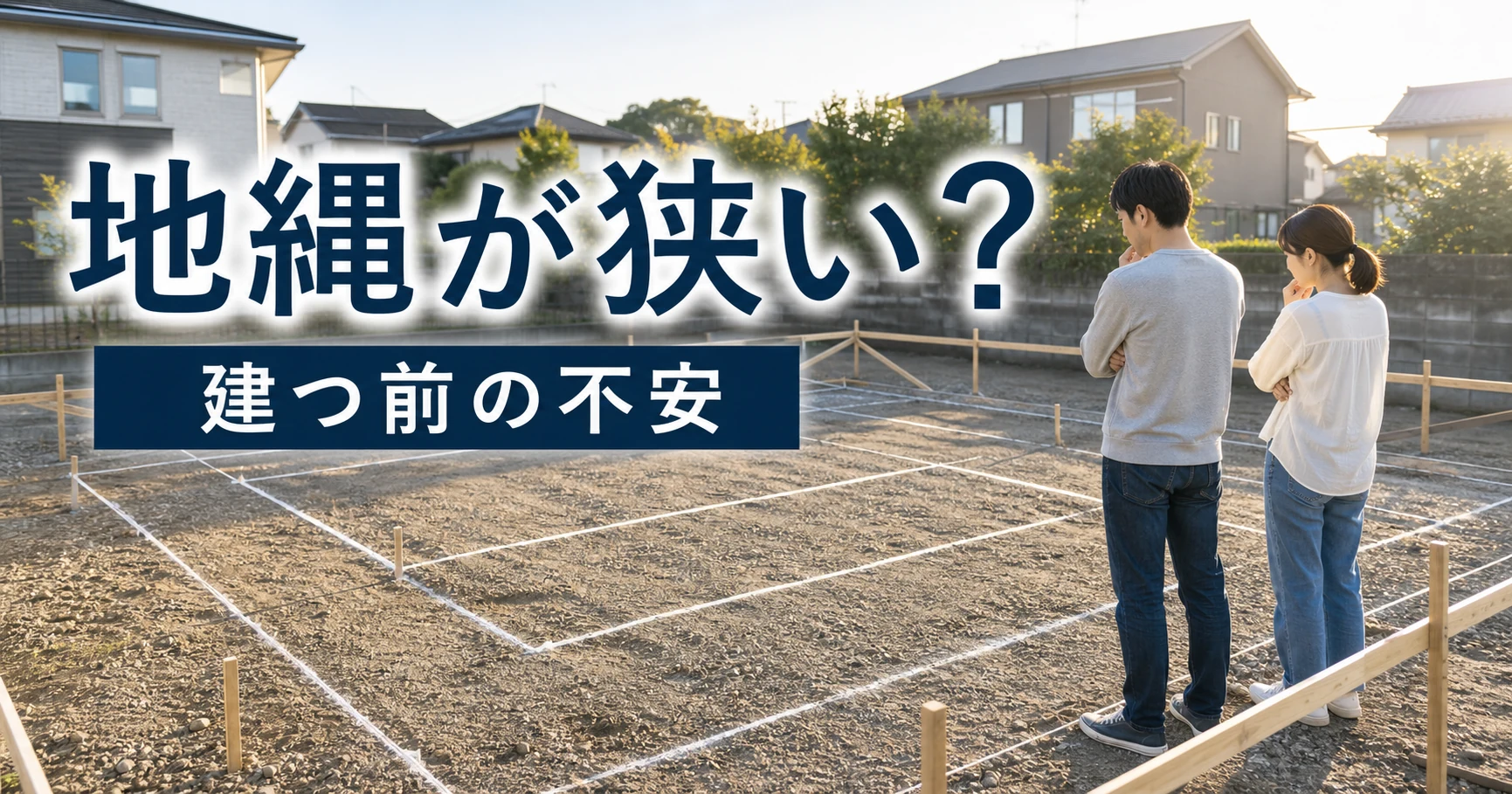 基礎工事前の地縄を見て家が狭く感じて不安になった体験を表すアイキャッチ
