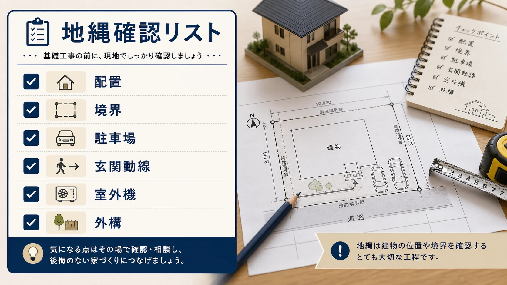 地縄確認で建物配置や境界や駐車場や外構を確認するチェックリスト